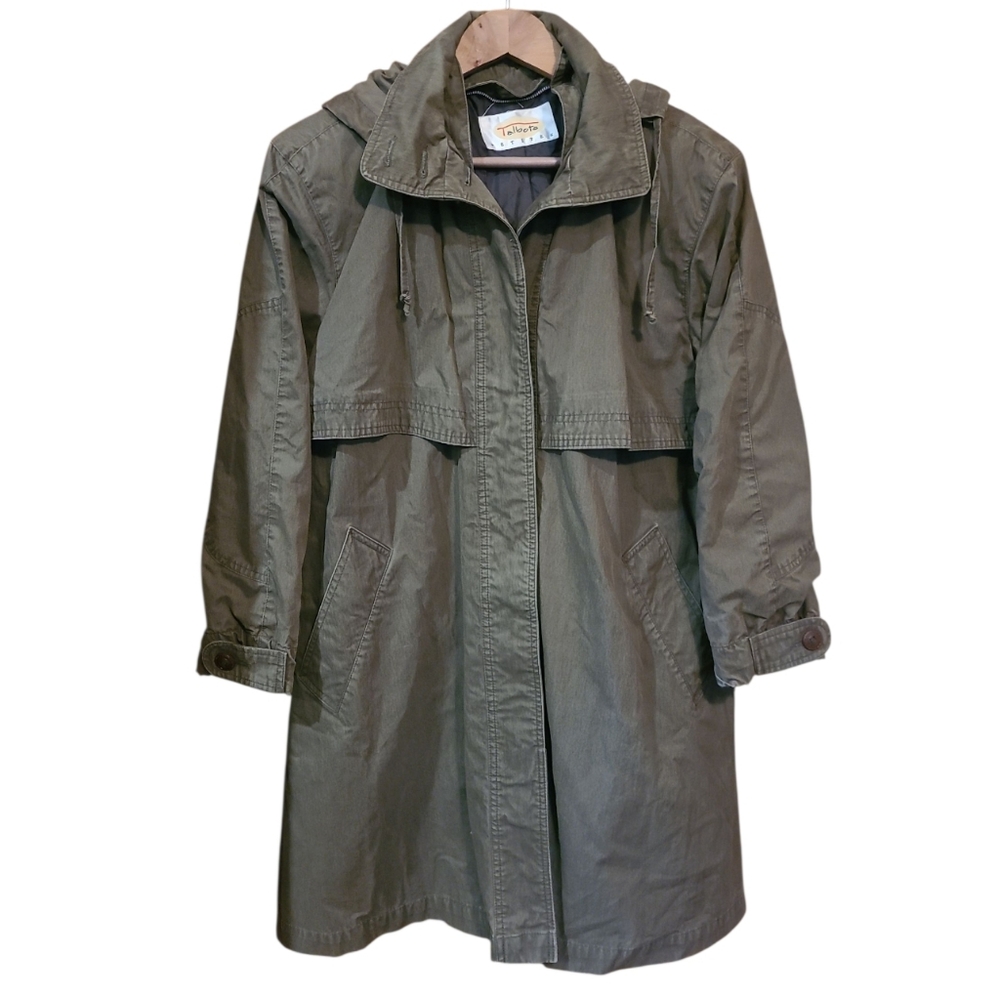 Women's Talbots Petites Long Hooded Duster Lightweight Utility Jacket PS Olive
